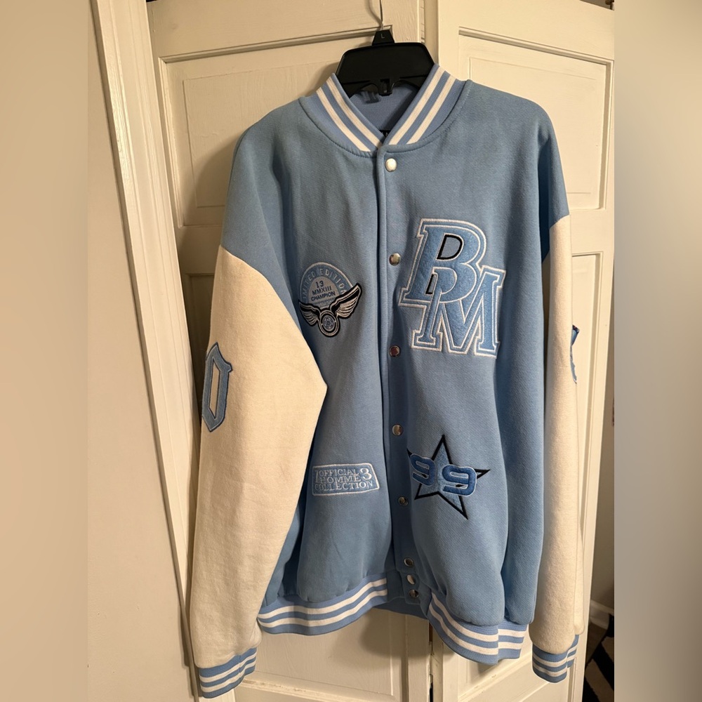 Fashion Nova Blue and White Varsity Jacket